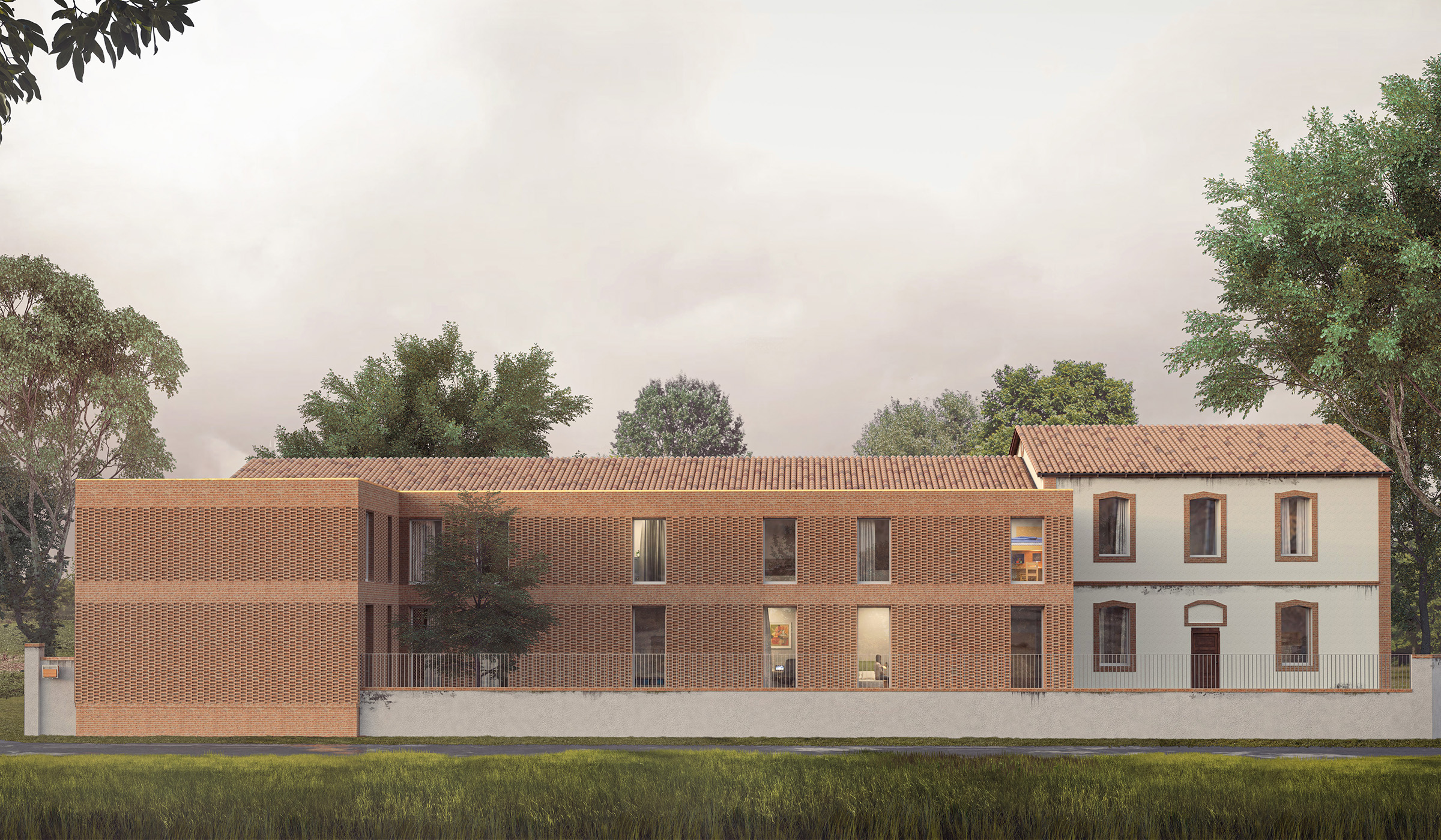 Perspective 3D d'une façade projeté à côté d'une maison existante toulousaine, une nouvelle enveloppe en moucharabieh côté rue
