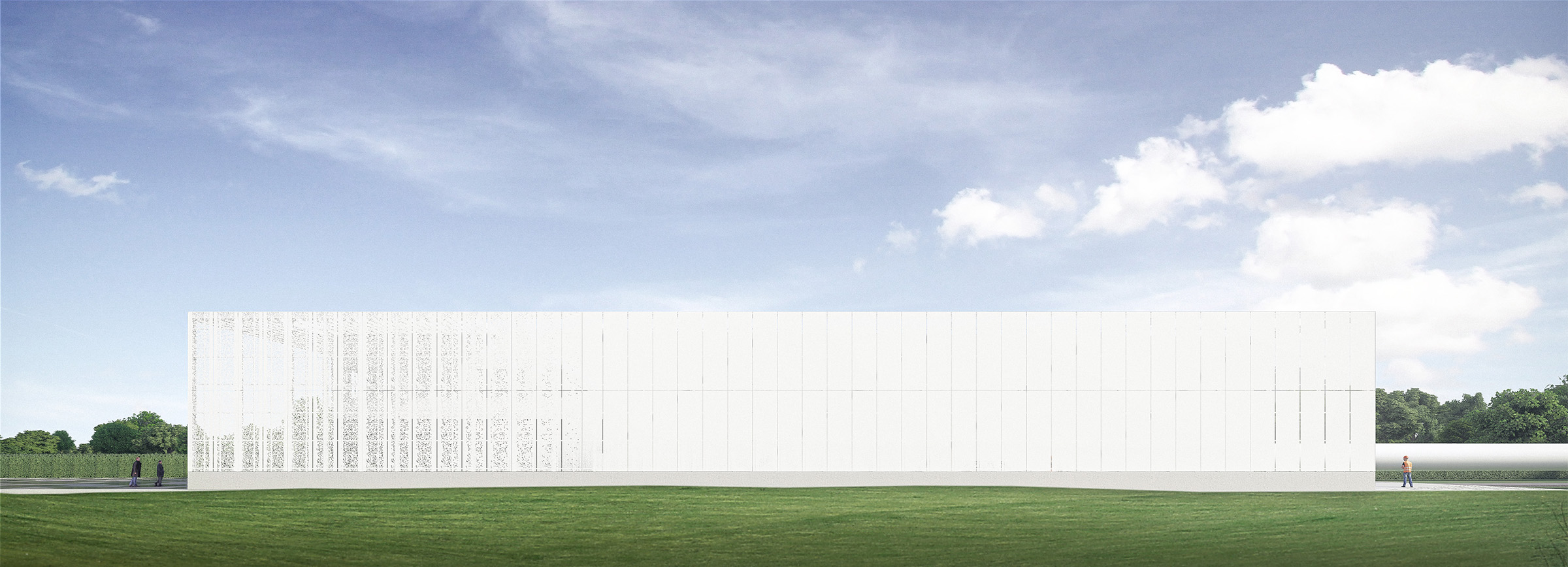 Perspective vue façade uniforme en métal blanc perforé, bâtiment rectangulaire allongé