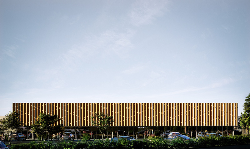 Perspective 3D de la façade principale, boutiques vitrées au RDC et ombragé par un auvent en bois aux lames verticales, bâtiment rectangulaire