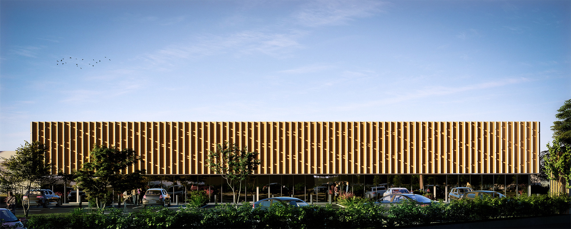 Perspective 3D de la façade principale, boutiques vitrées au RDC et ombragé par un auvent en bois aux lames verticales, bâtiment rectangulaire