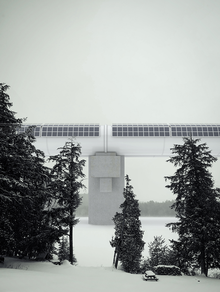  Perspective 3D dans la campagne enneigée, en fond on voit un tube blanc sur piloti en béton gris, l'image est dans une tonalité noier et blanche