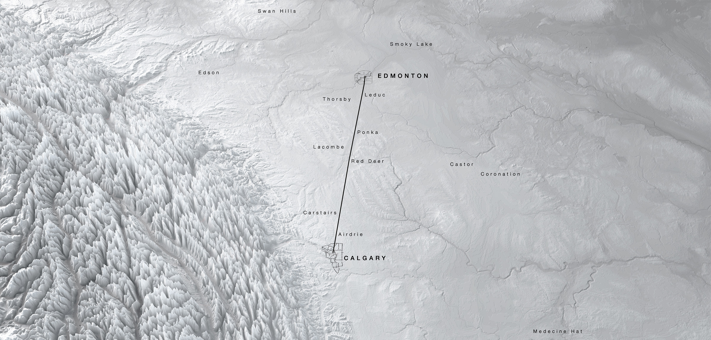 Perspective 3D noir et blanc d'une carte du relief reliant Edmonton et Calgary, près de Calgary les montagnes commencent à se former