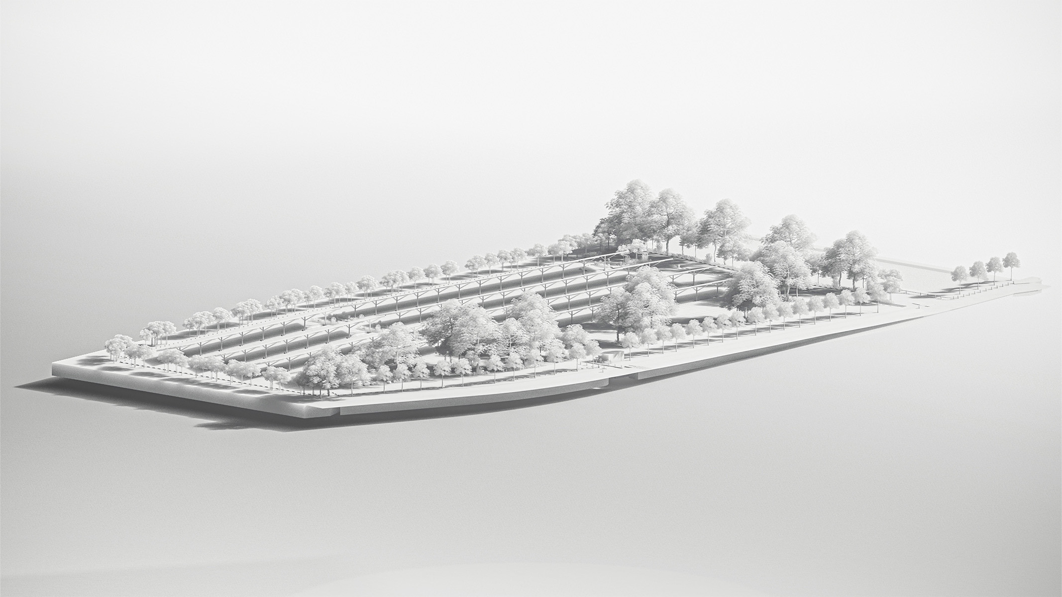 Perspective 3D niveau de gris style maquette blanche, le parking est entouré d'une masse végétale