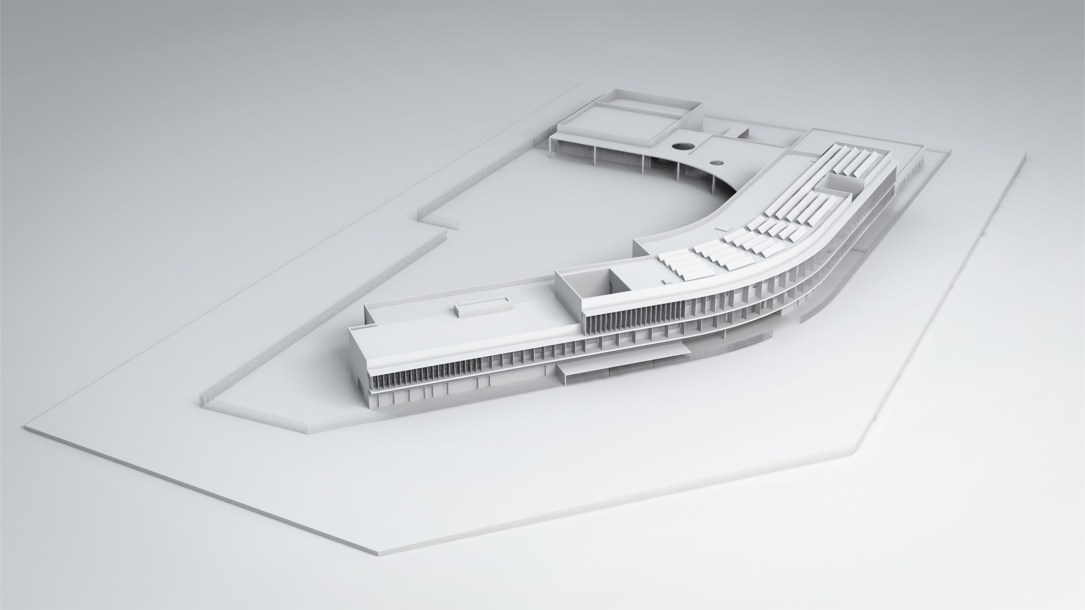 Perspective 3D niveau de gris style maquette blanche du collège, bâtiment qui forme un L courbe avec la cour de récréation protégée dans l'intérieur du L