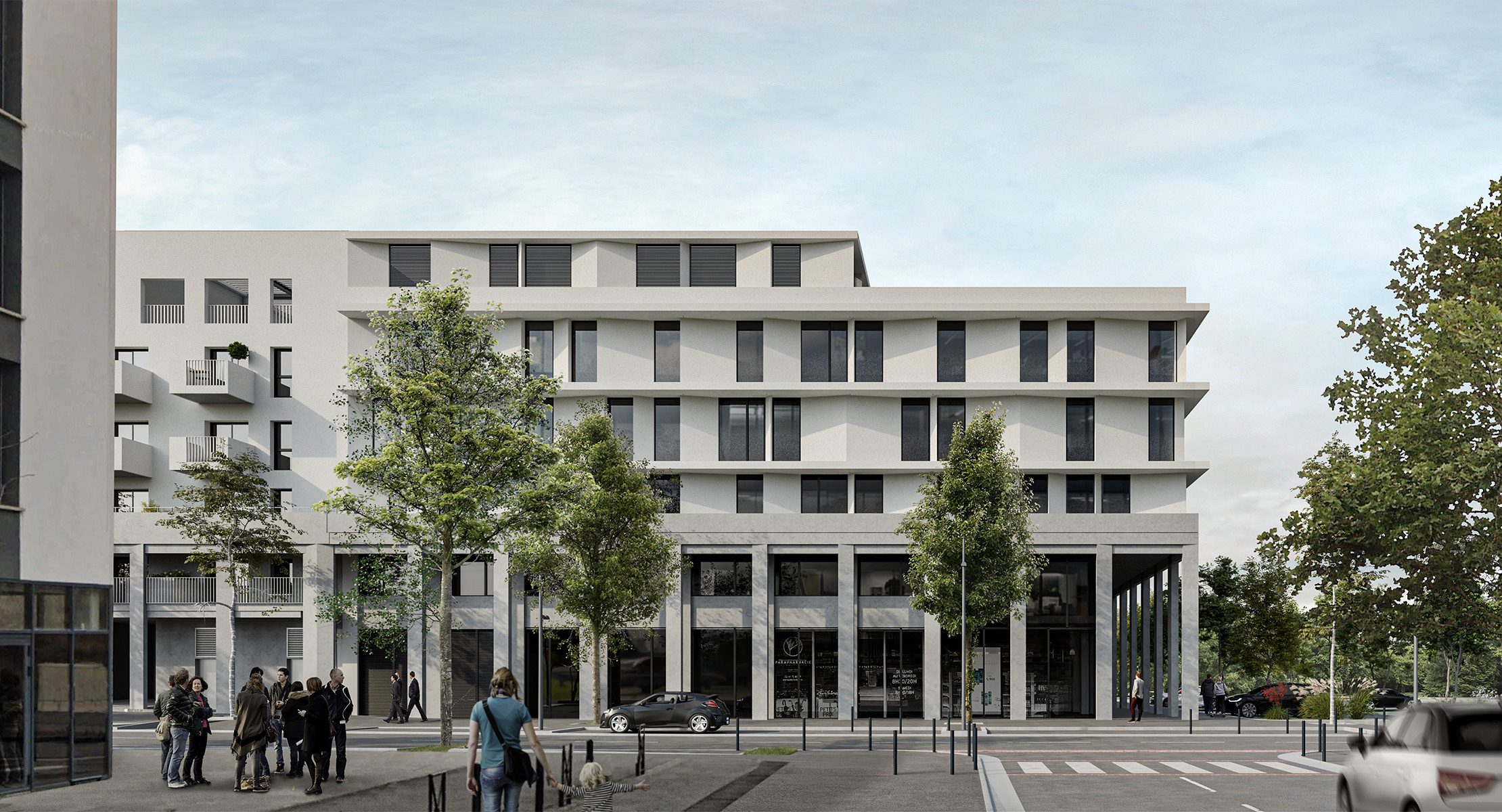 Perspective 3D depuis une rue qui va vers l'édifice, bâtiment avec colonnades en béton sur deux niveaux presque la moitié de la taille du bâtiment en béton blanc beige, trois étages au dessus en vitrage protégé par un auvent brise-soleil délimitant les niveaux