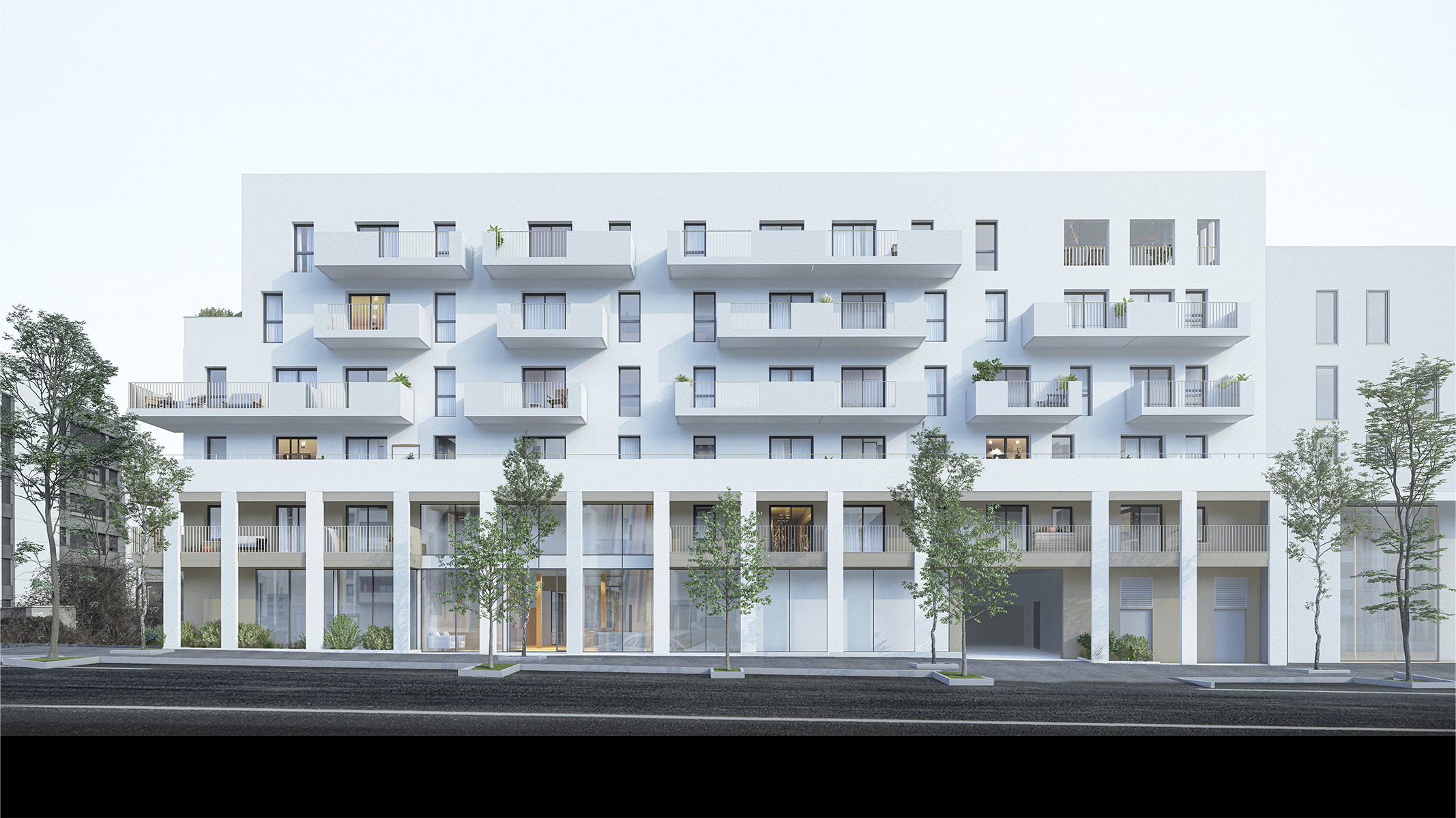 Perspective 3D vue depuis la rue face à la façade, bâtiment sur 5 etages avec balcons et deux premiers étages sous une voute de colonnade qui abrite une teinte beige en soubassement