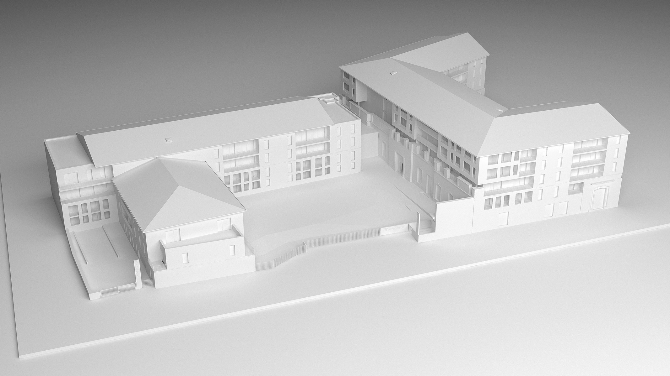 Perspective 3D en niveau de gris style maquette blanche, résidence en U (cour intérieure dans le U), avec toiture à deux versants en pente douce