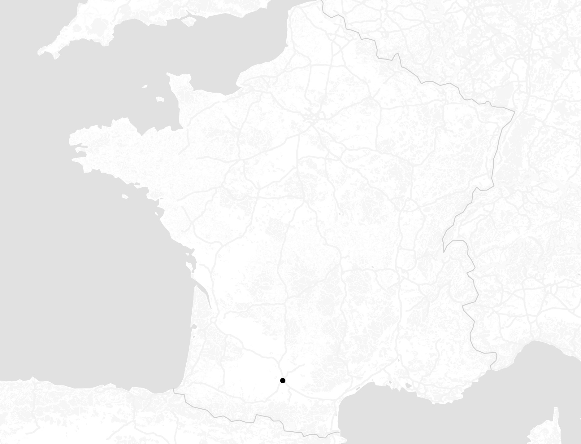 Illustration de la carte de France en niveau de gris avec un point noir sur la situation géographique de TOULOUSE