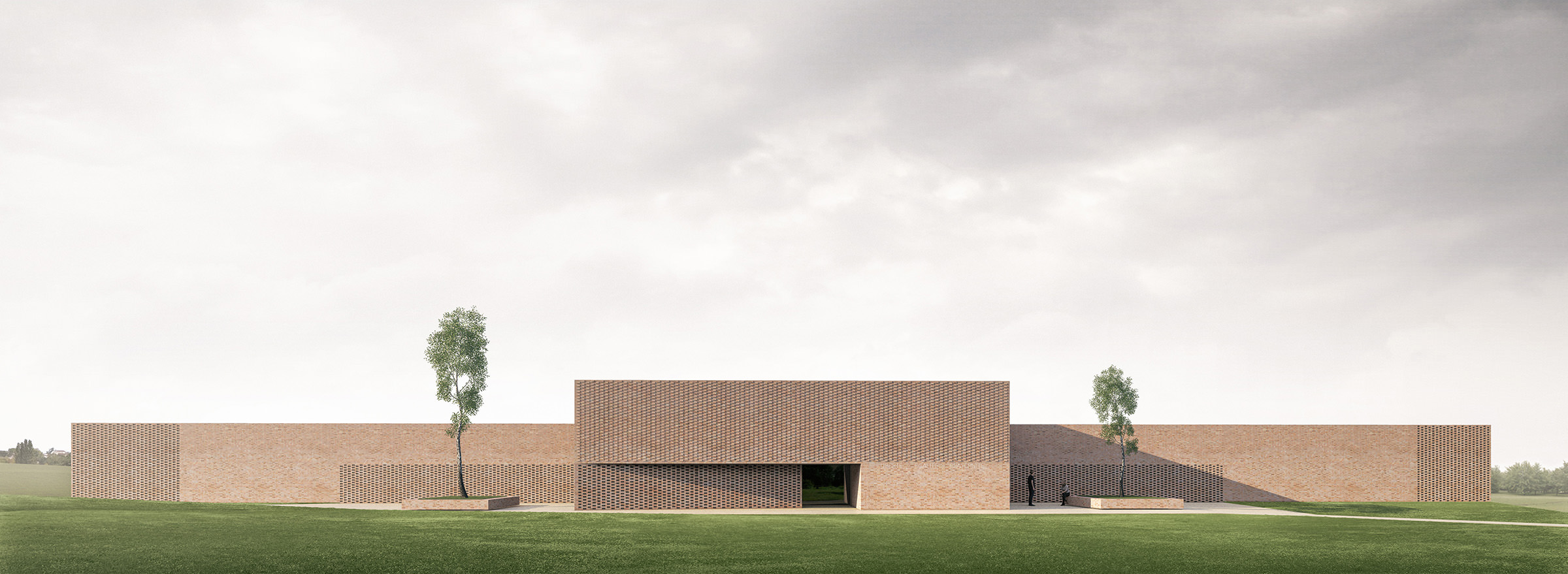 Perspective 3D du groupe scolaire de Verfeil tout en brique couleur sable et moucharabieh, le volume qui se détache est l'entrée et l'accueil du bâtiment sur le côté